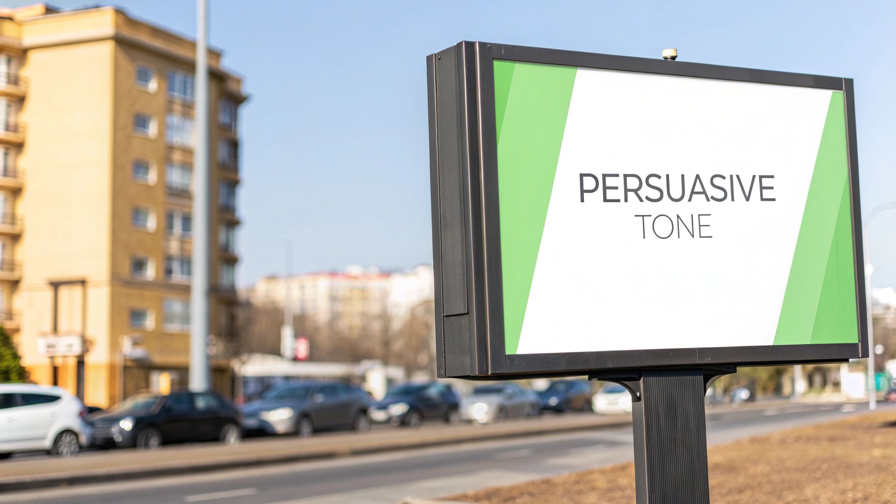A large outdoor billboard showing the words 'PERSUASIVE TONE' in a city setting with cars.