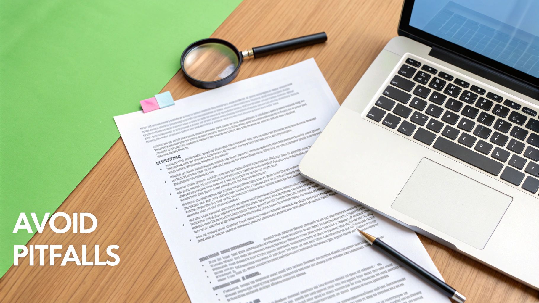 Desk setup with laptop, documents, magnifying glass, pen, and 'AVOID PITFALLS' text.