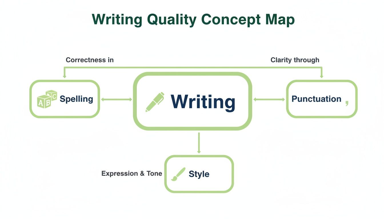 A concept map showing that writing quality involves correctness in spelling, clarity through punctuation, and expression and tone in style.