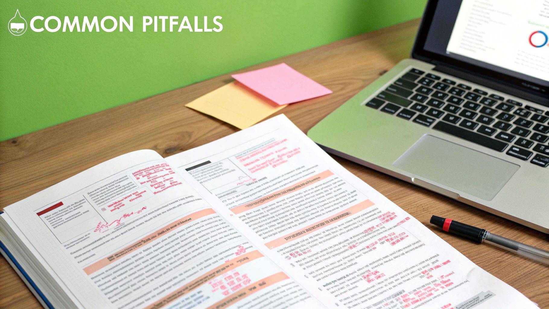 Student's desk with an open textbook, laptop, sticky notes, and pen for study.