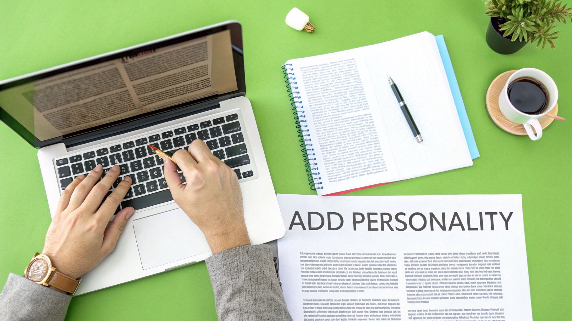 A person's hands editing text on a laptop screen, with sticky notes and a cup of coffee nearby, creating a sense of a creative, hands-on process.