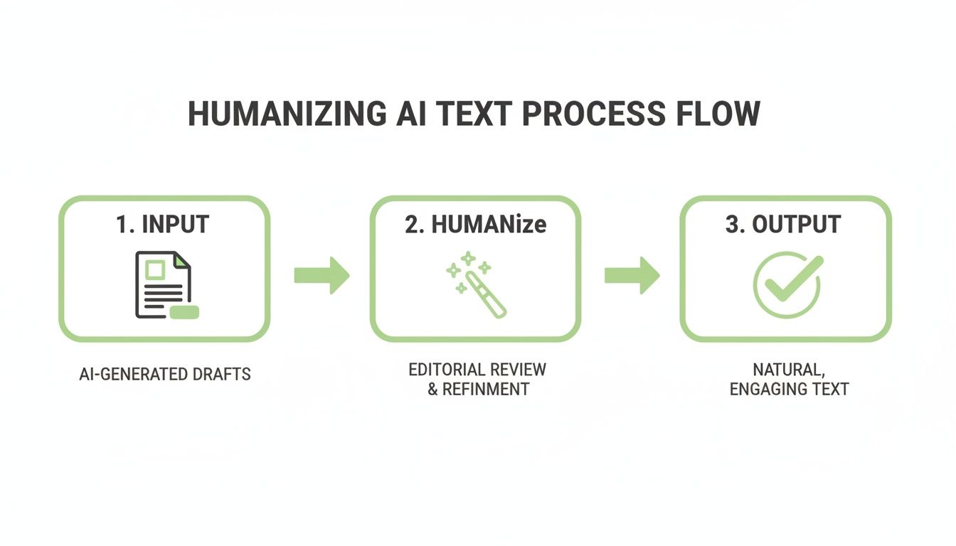 A three-step process flow illustrates how AI-generated text is humanized through editorial review to produce natural, engaging output.