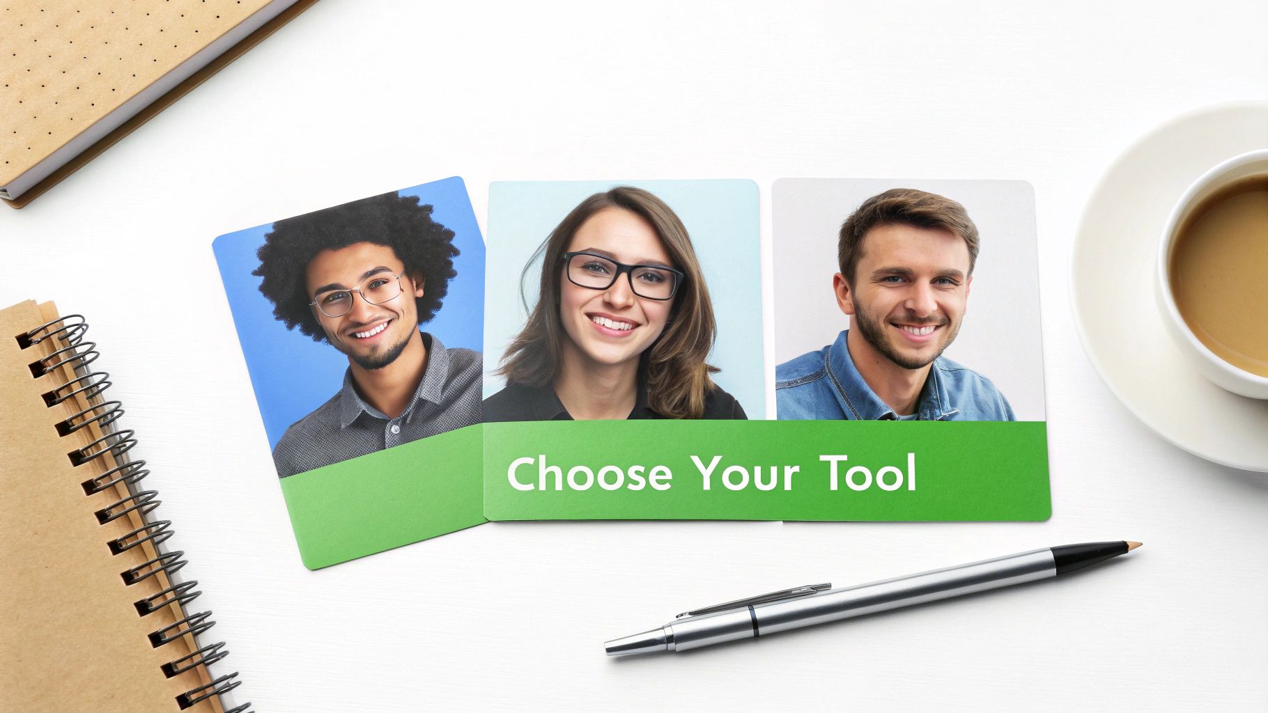 Three smiling individuals on cards with 'Choose Your Tool' text, surrounded by notebooks and coffee on a white desk.