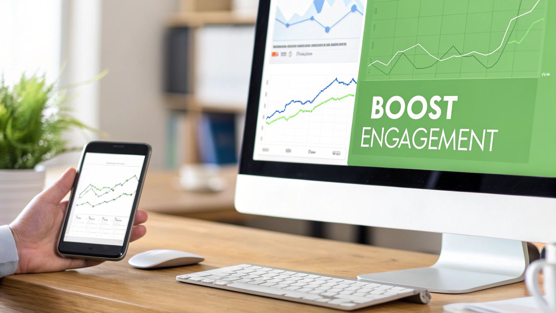 A person holds a smartphone with a graph, next to a monitor displaying charts and 'BOOST ENGAGEMENT'.
