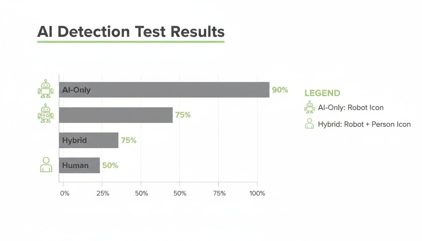 Bar chart displaying AI detection test results: AI-Only at 90%, Hybrid at 75%, and Human at 50%.