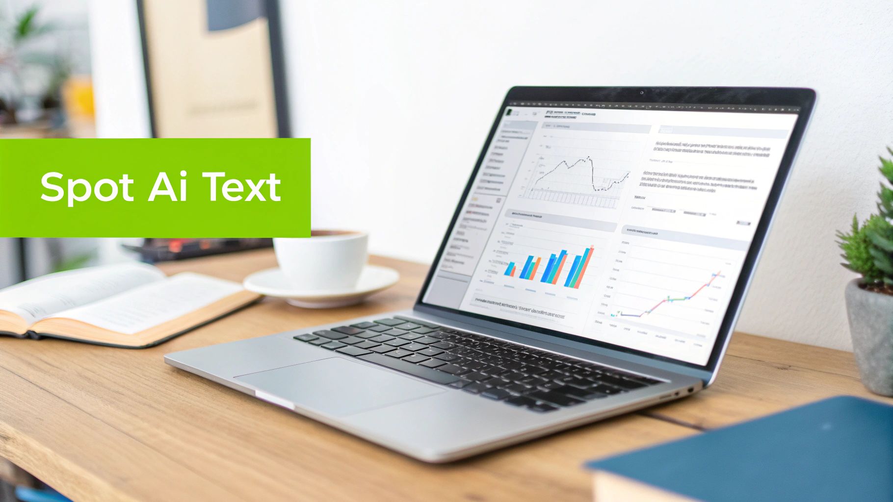Laptop on a wooden desk displaying various data visualizations, graphs, and charts, next to a coffee cup and an open book.