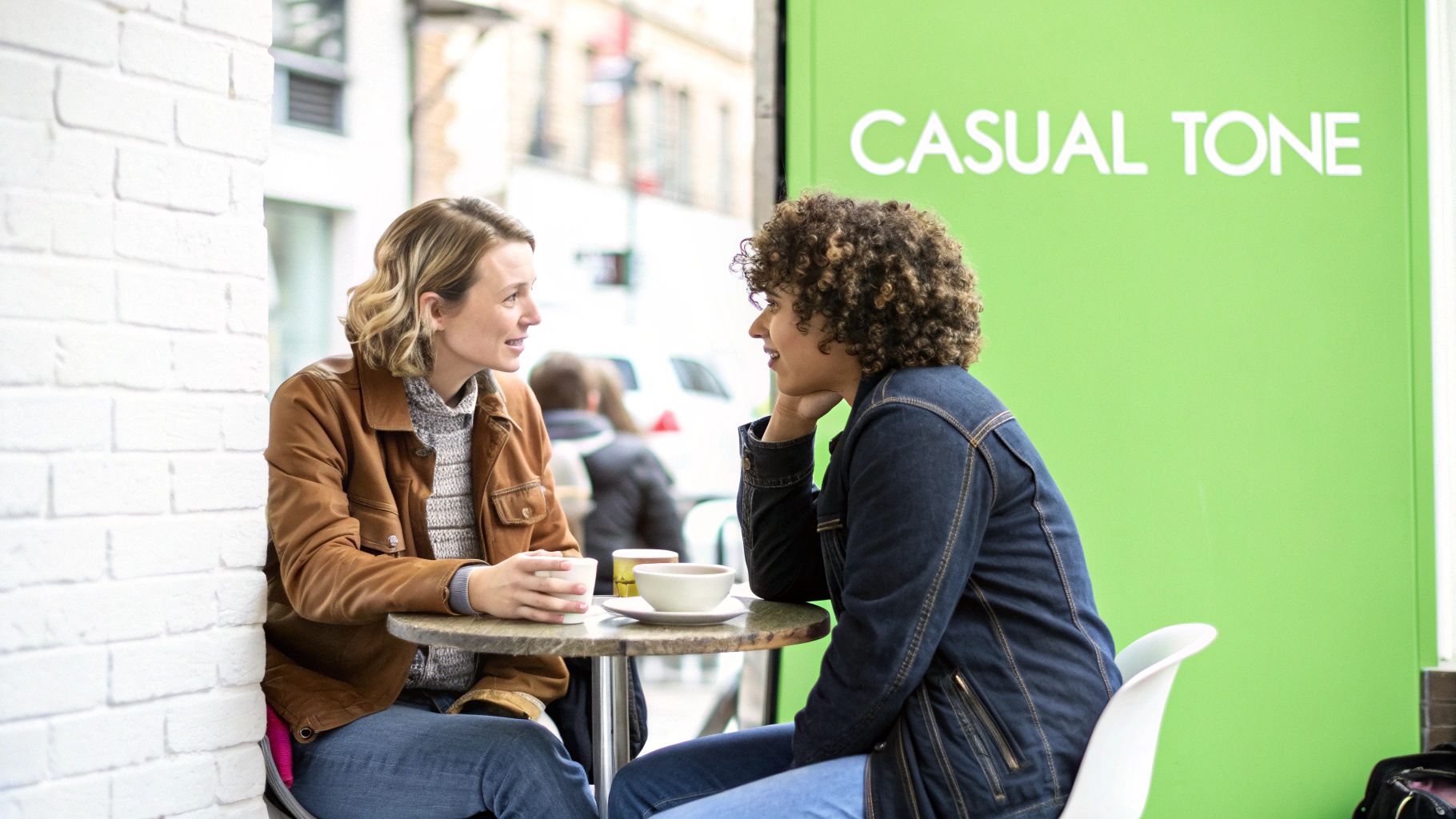 Two women engage in conversation at an outdoor cafe, with drinks and a 'CASUAL TONE' sign.