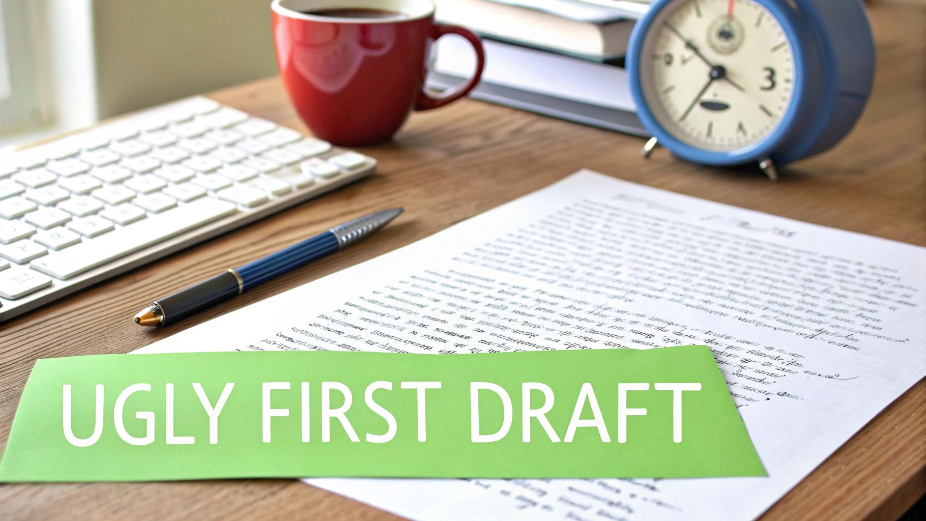 A green sign reading 'UGLY FIRST DRAFT' on a document, next to a keyboard, coffee, and pen.