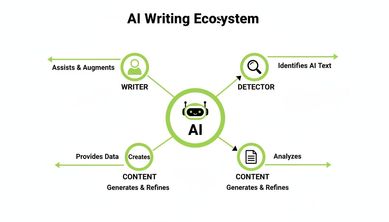 Diagram illustrating an AI writing ecosystem, showing AI assisting writers, detecting AI text, and generating content.
