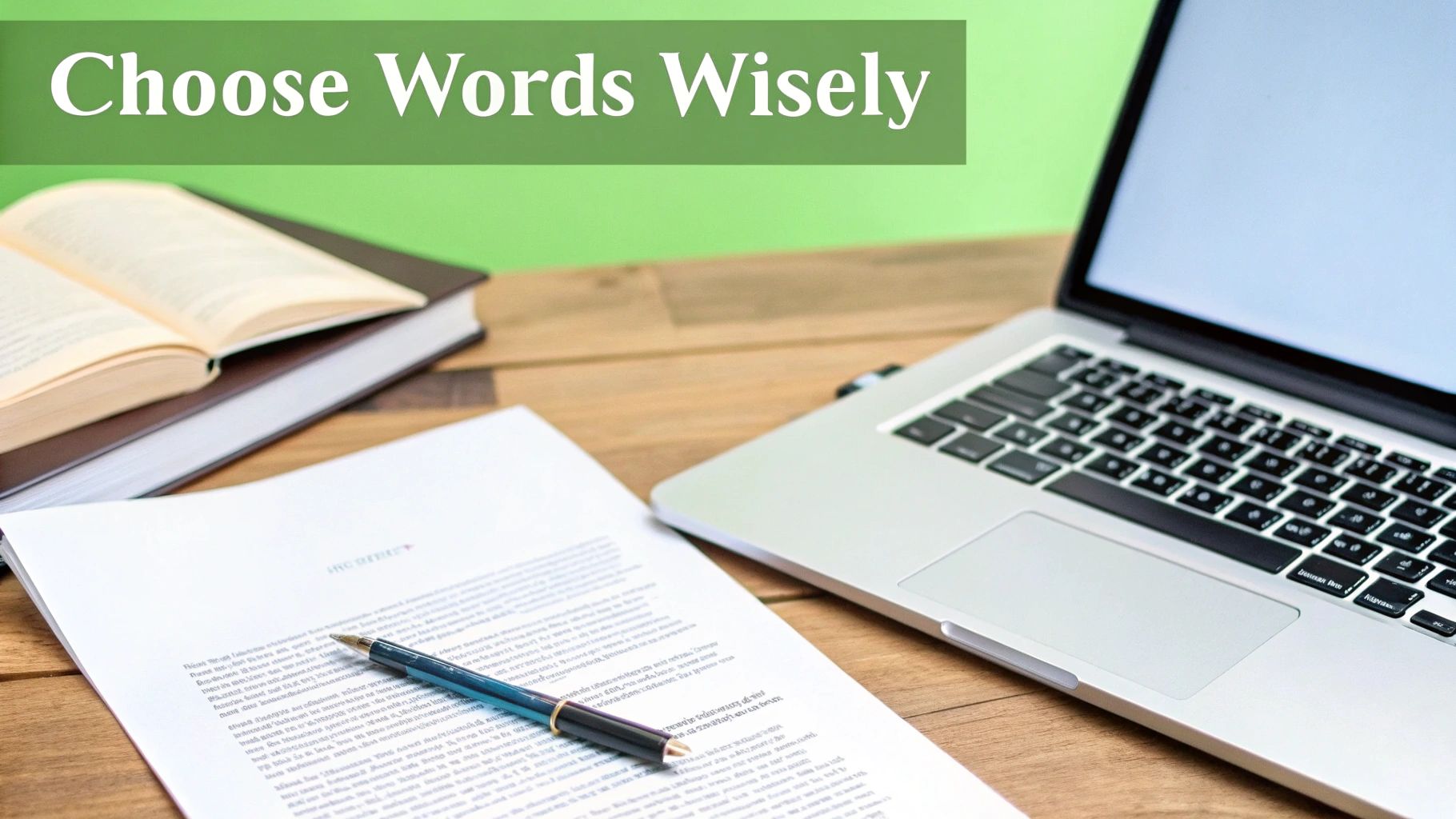 A desk with a laptop, an open book, a document, and a pen, with text "Choose Words Wisely".