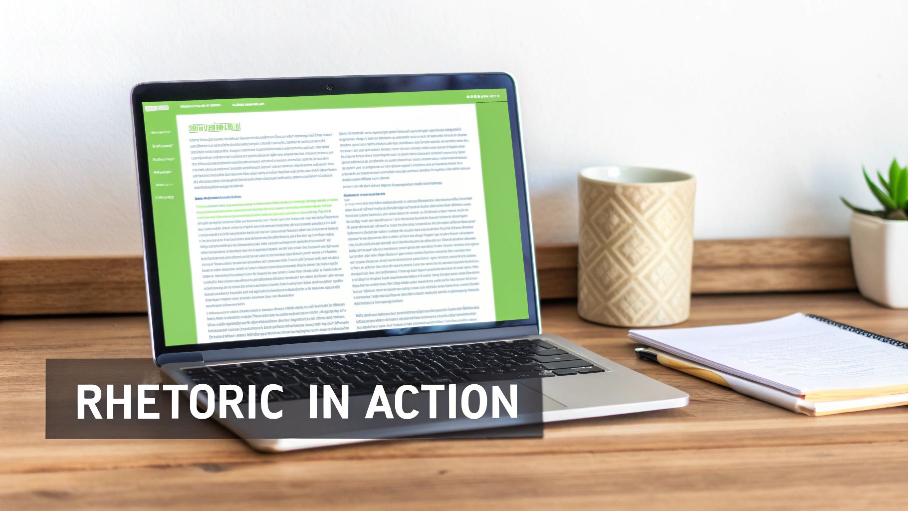 A laptop open on a wooden desk displaying text, with a mug and notebook nearby.