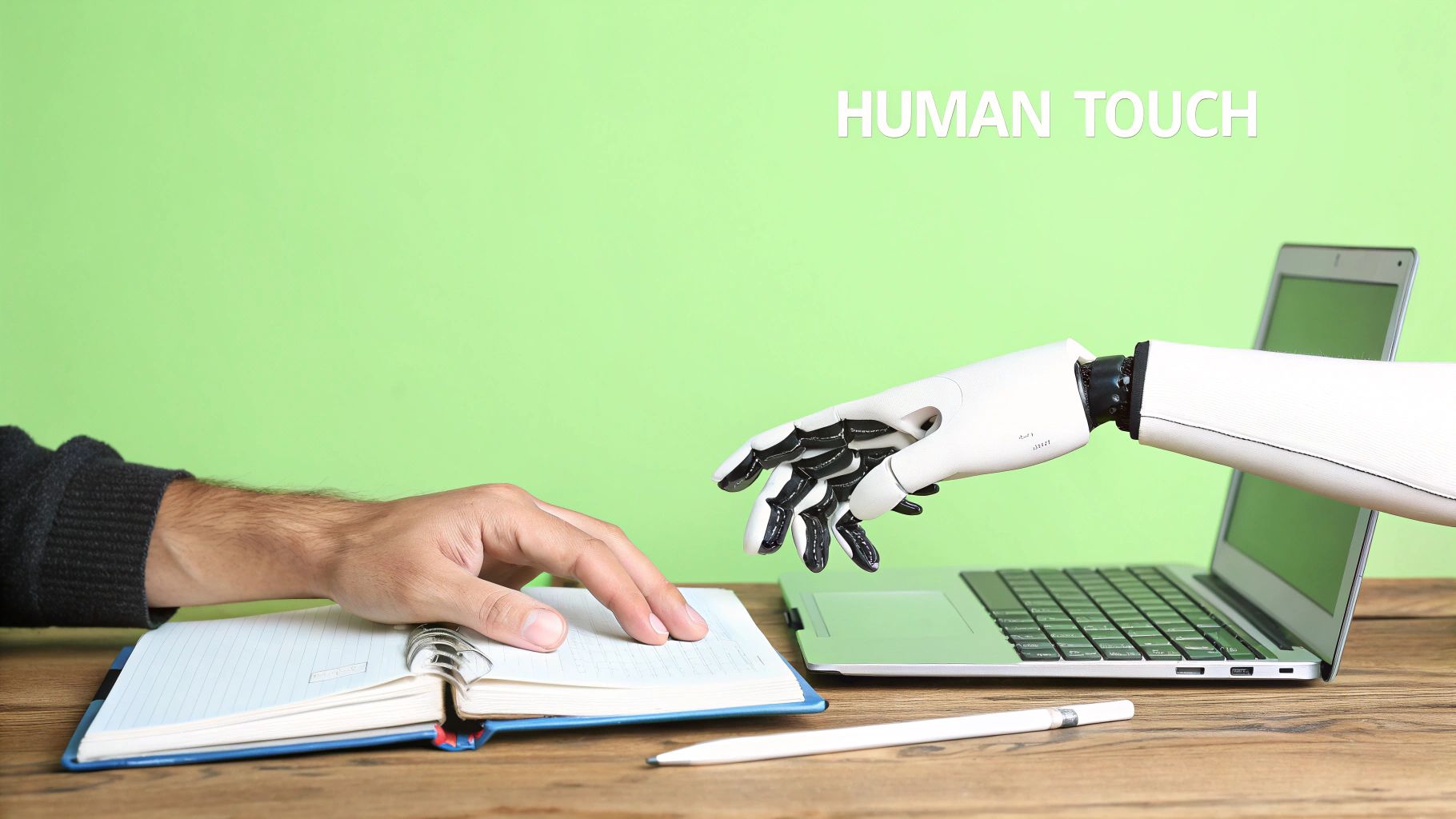 A human hand and a robotic hand interact on a table with a laptop and notebook, symbolizing 'human touch'.