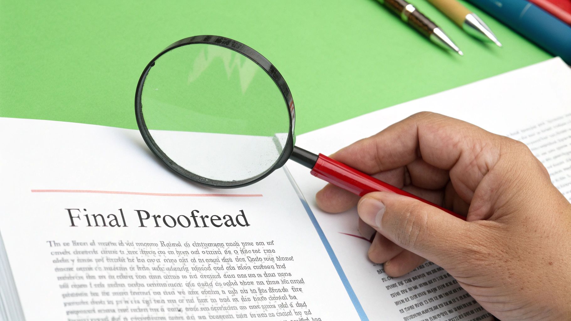 A hand uses a magnifying glass to meticulously examine a document titled 'Final Proofread'.