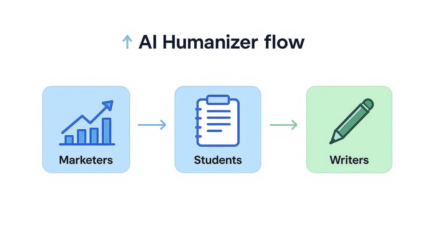 Flow diagram illustrating the AI Humanizer process for marketers, students, and writers.