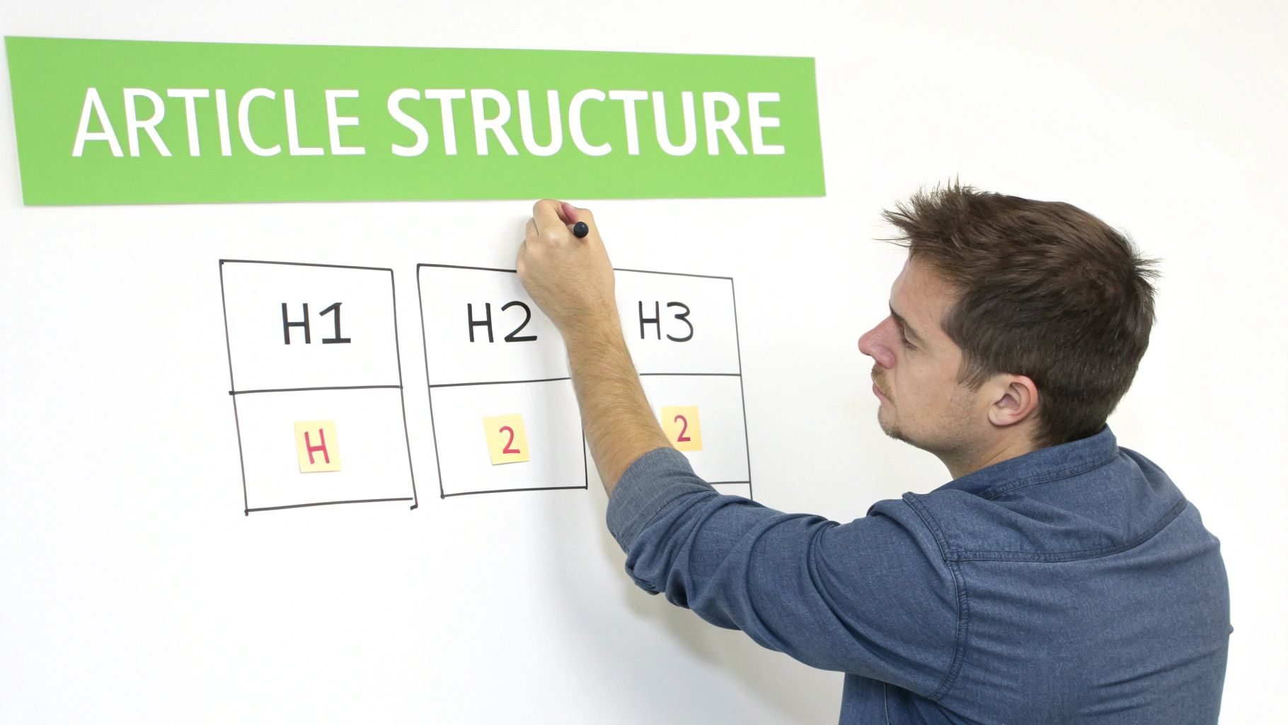 Man drawing H1, H2, H3 headings on a whiteboard to illustrate article structure and SEO.