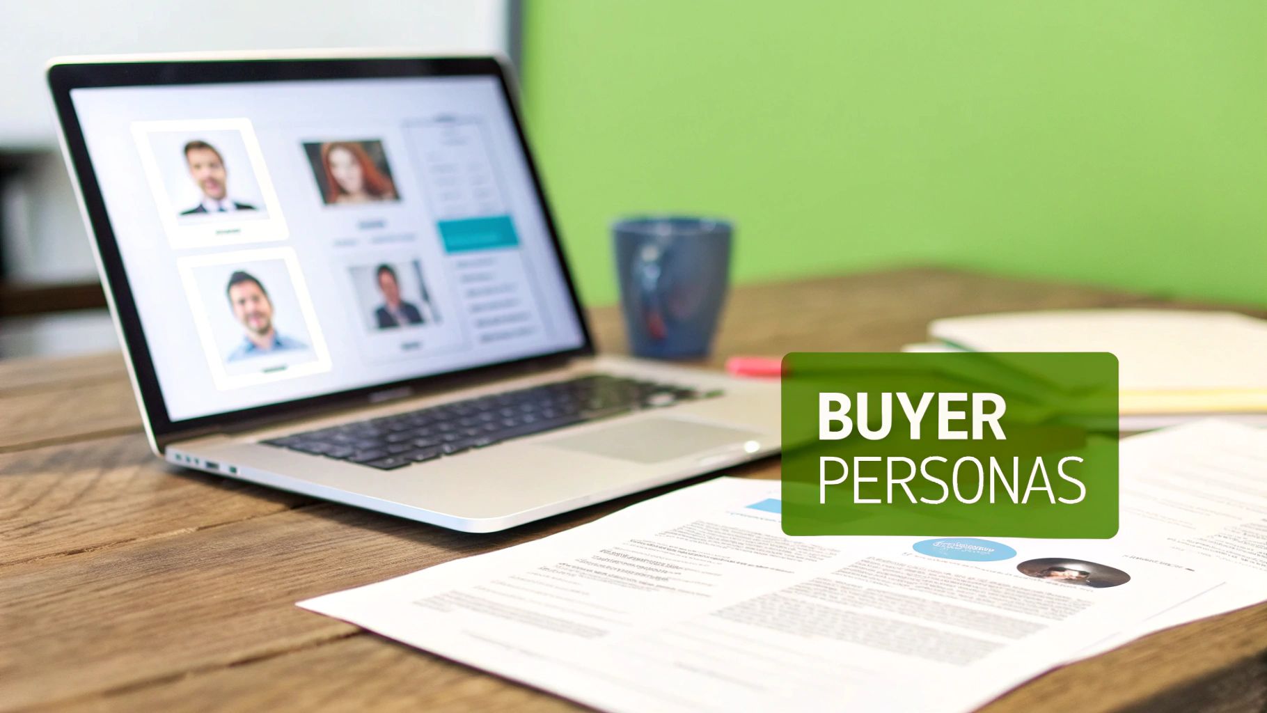 Laptop screen showing multiple buyer persona profiles with documents on a wooden desk. A green box highlights 'BUYER PERSONAS'.