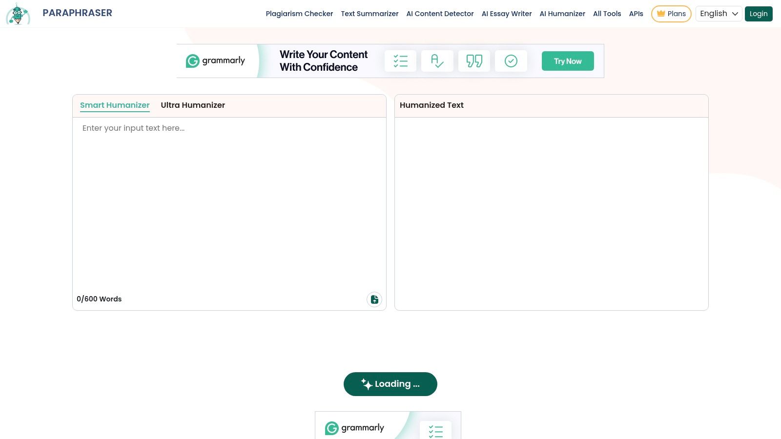 Paraphraser.io's AI humanizer interface, showing its simple text input and output fields.