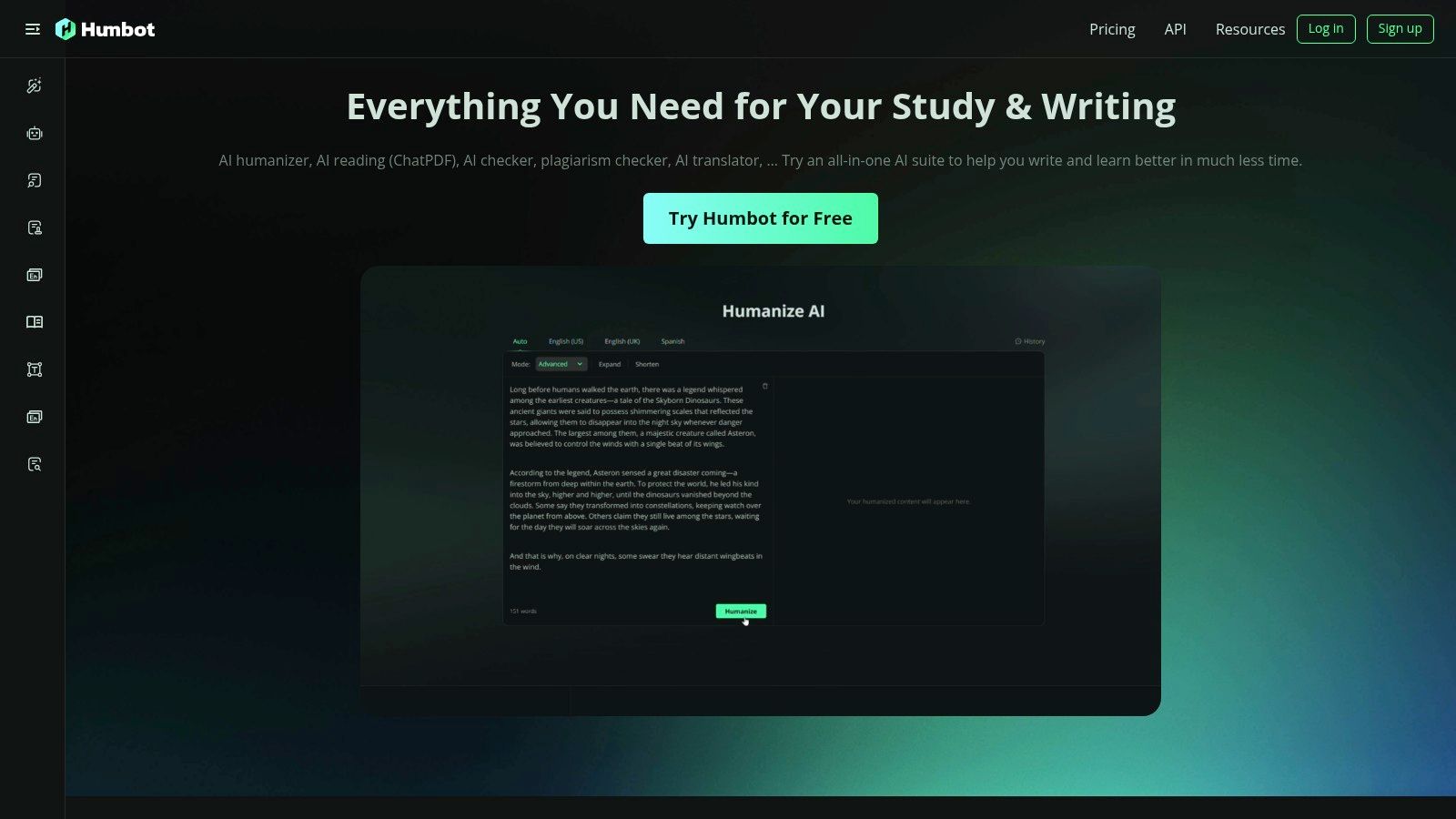 Humbot dashboard showing its AI humanizer and checker interface