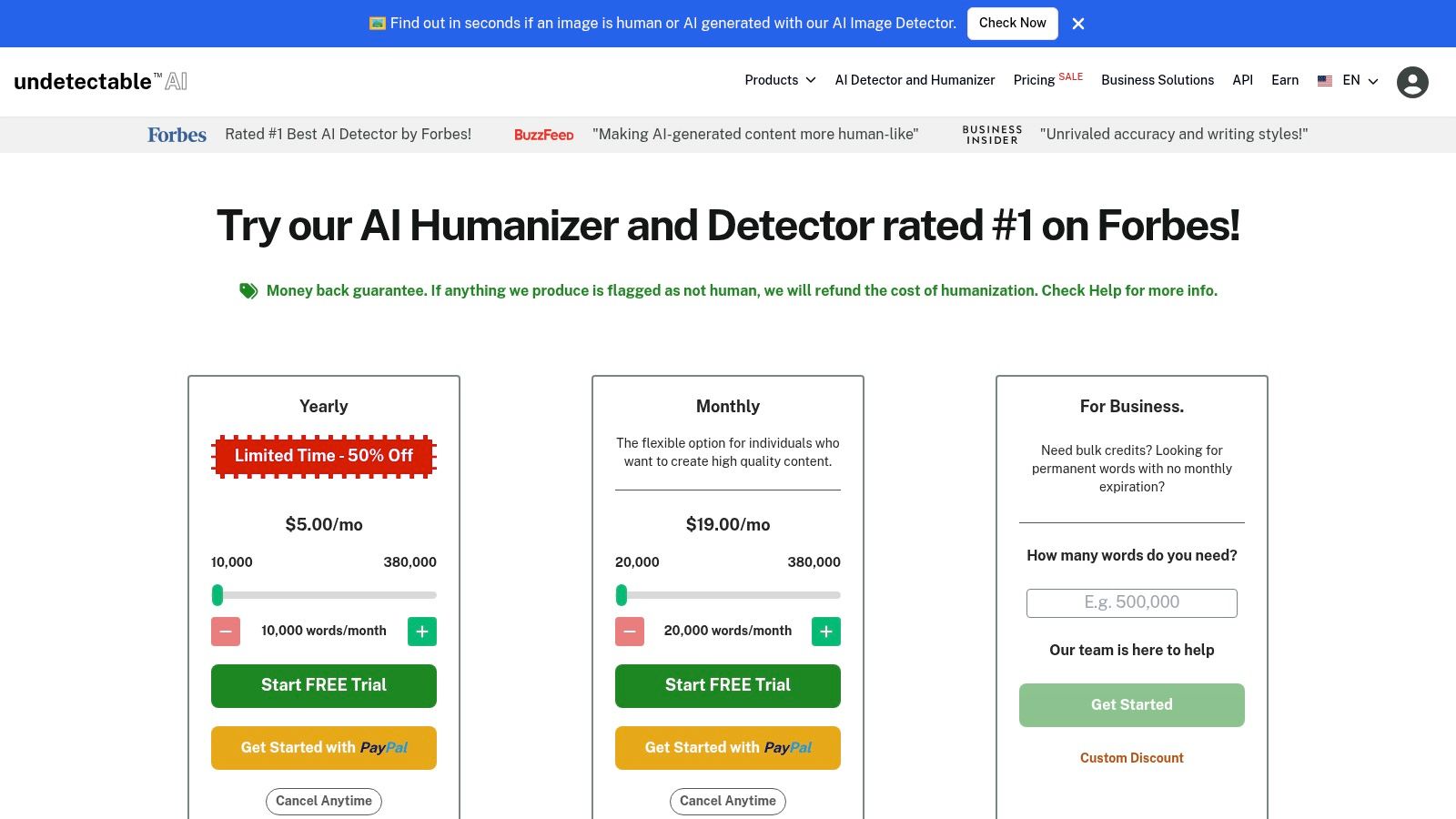 Undetectable.ai's pricing plans, showcasing its free trial and paid options.