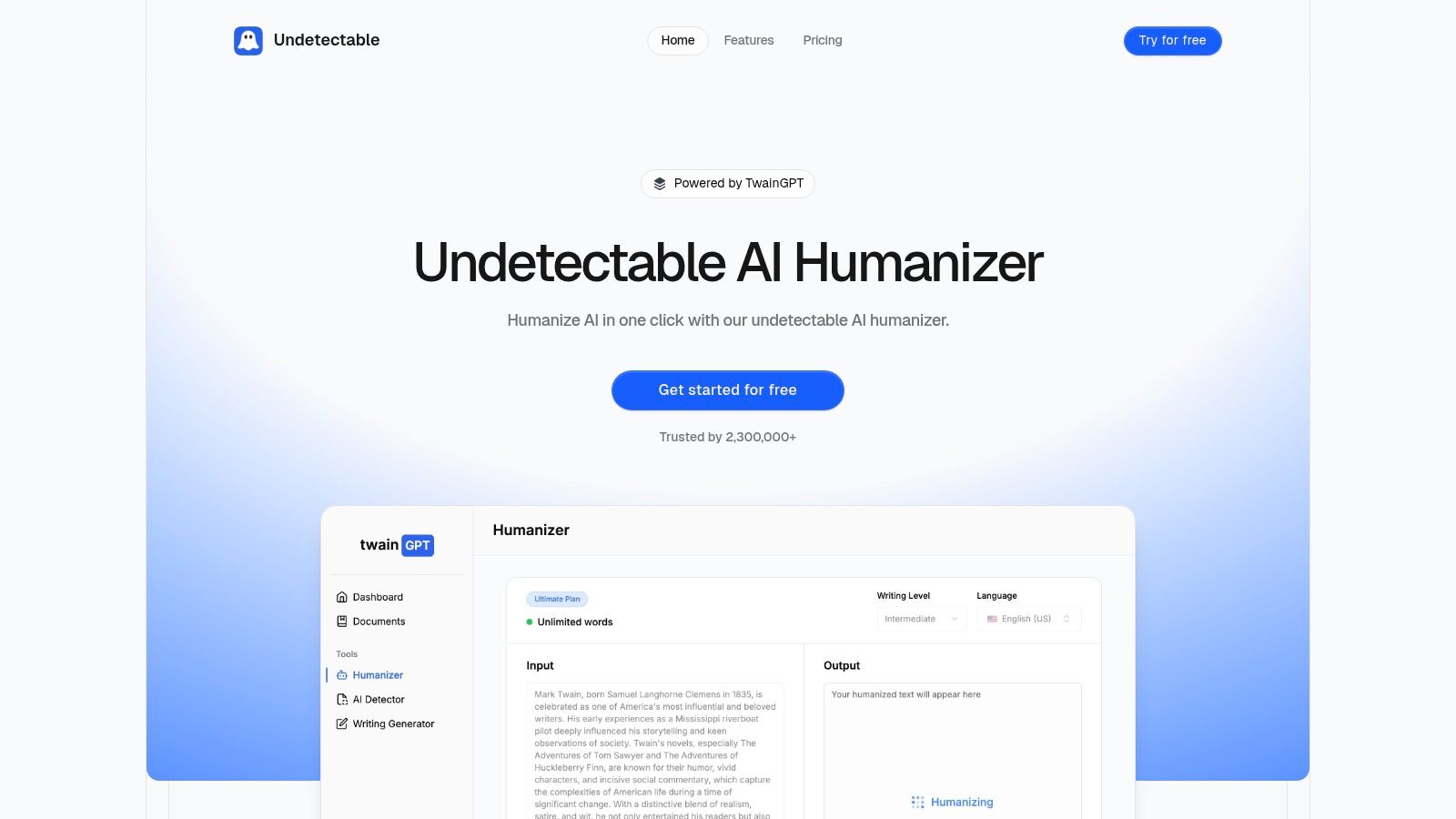 Undetectable's simple interface showing the AI detection and humanization functions