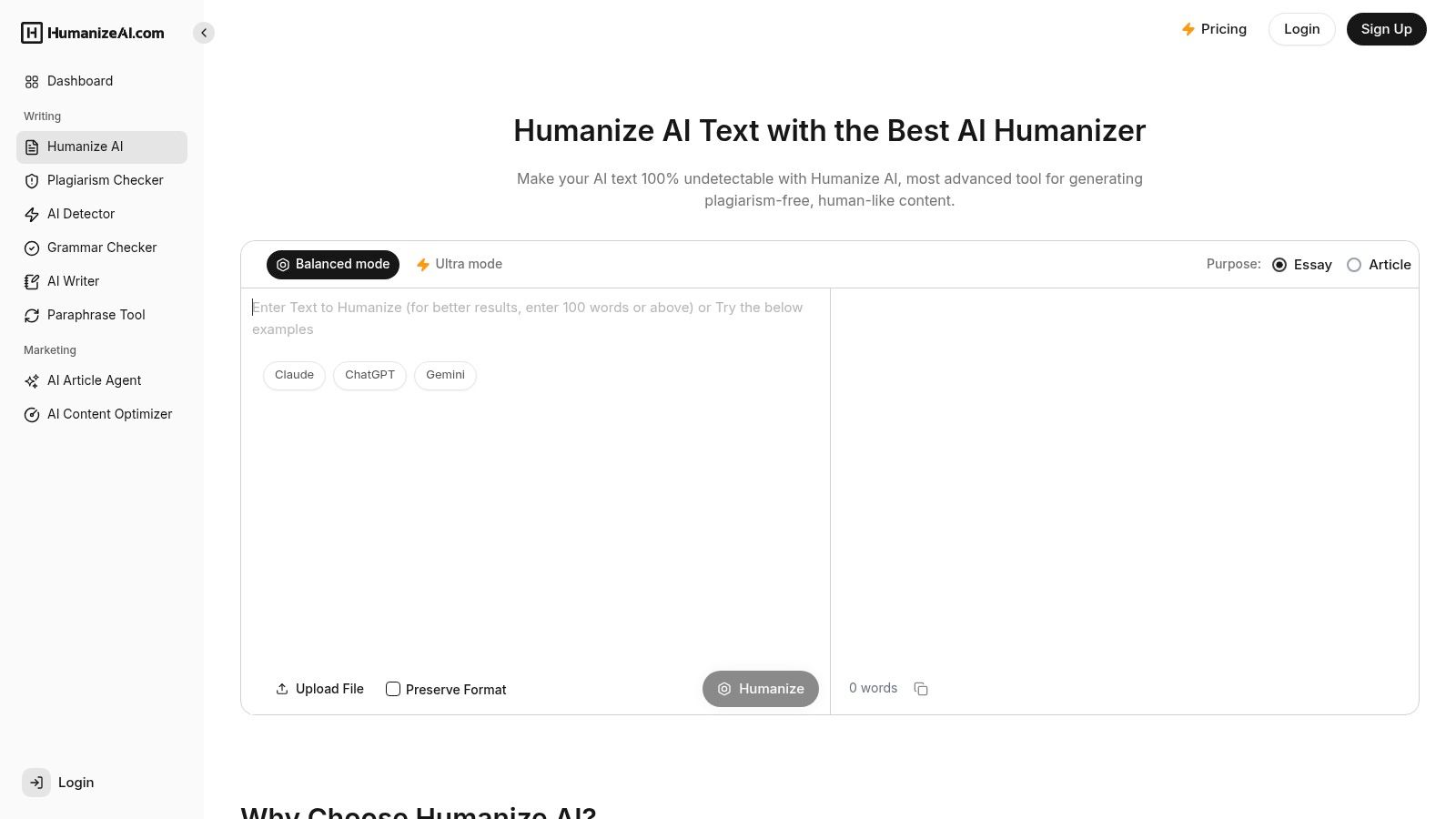 HumanizeAI.com interface showing its suite of content tools