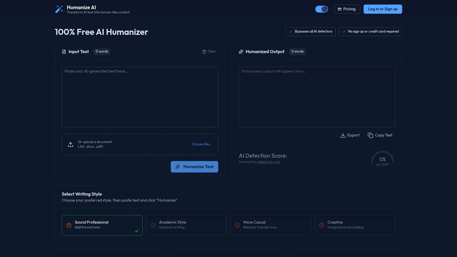 The Humanize.ai dashboard showing its text input, style selection, and AI detection score features.