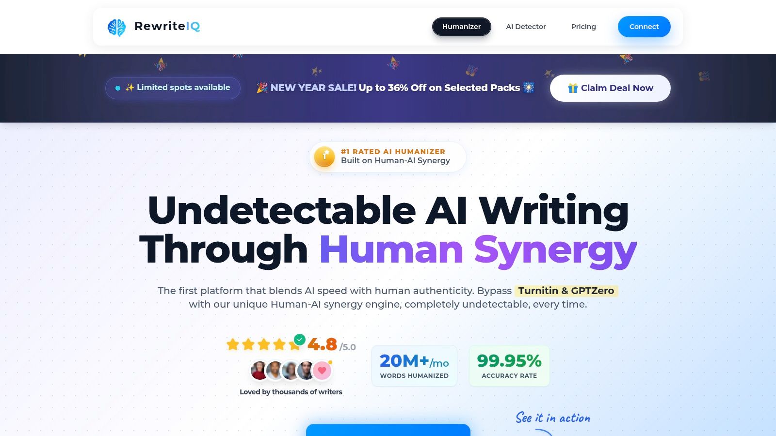 RewriteIQ's interface showing its word-based credit system and humanization options