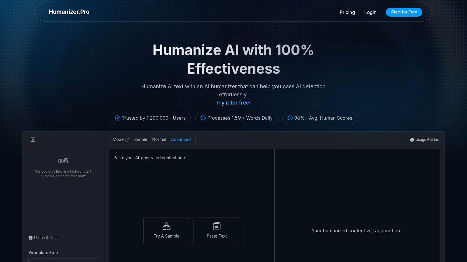 Humanizer.pro's interface showing its rewrite and detection check features