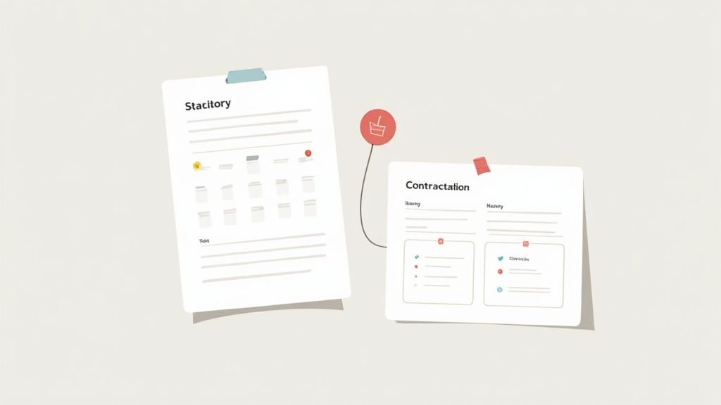 A person at a desk using a calculator with a calendar in the background.