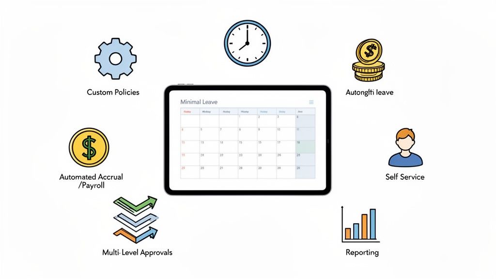 A leave management system displayed on a tablet, surrounded by icons representing features like custom policies, accrual, approvals, and reporting.