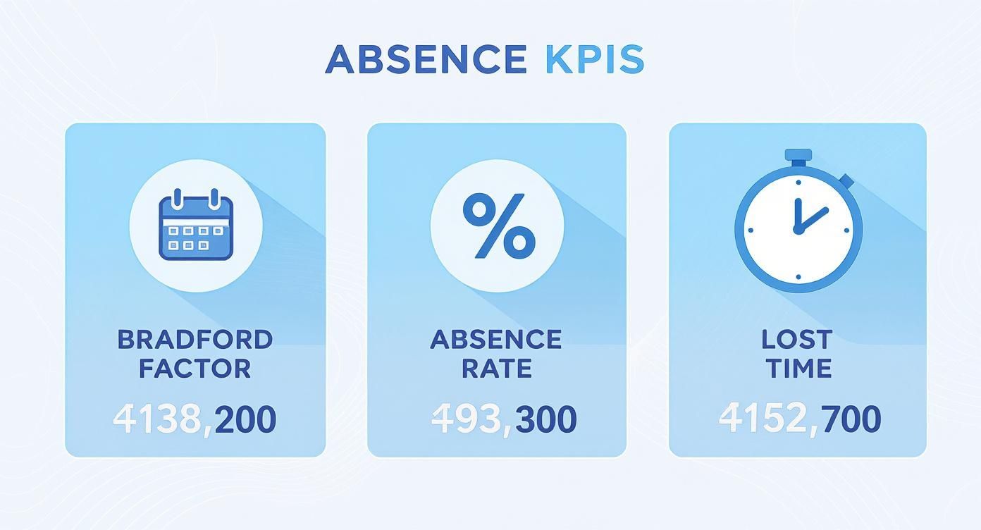 Dashboard displaying three absence KPIs: Bradford Factor score, absence rate percentage, and total lost time metrics