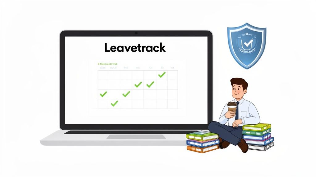 Illustration of a man with coffee and books beside a laptop showing 'Leavetrack' and a compliance shield.