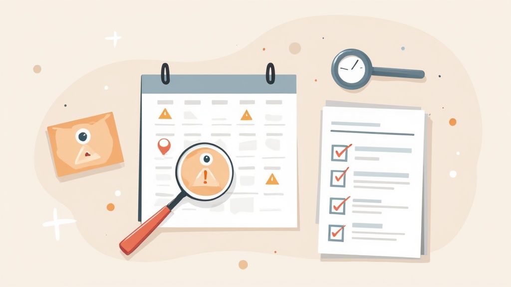 An illustration showing a calendar with alerts, a magnifying glass on a warning, a checklist, and a clock.