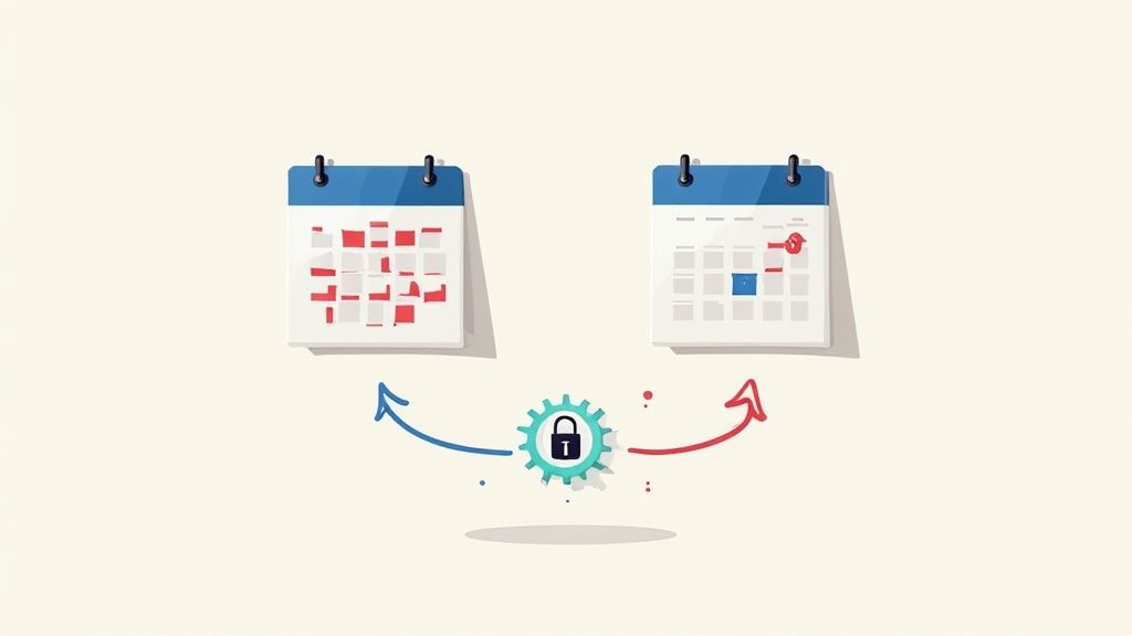 Illustration of two calendars: one cluttered, one organized, connected by a gear with a padlock symbolizing secure synchronization.