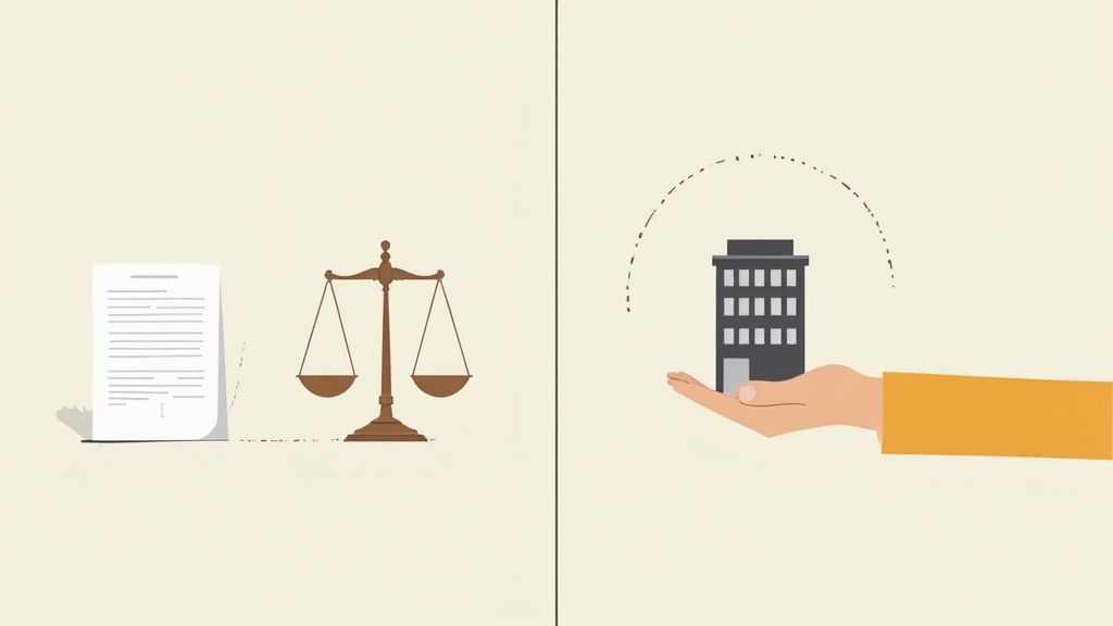 A split image showing legal documents and scales of justice on the left, with a hand holding a building on the right, signifying protection.