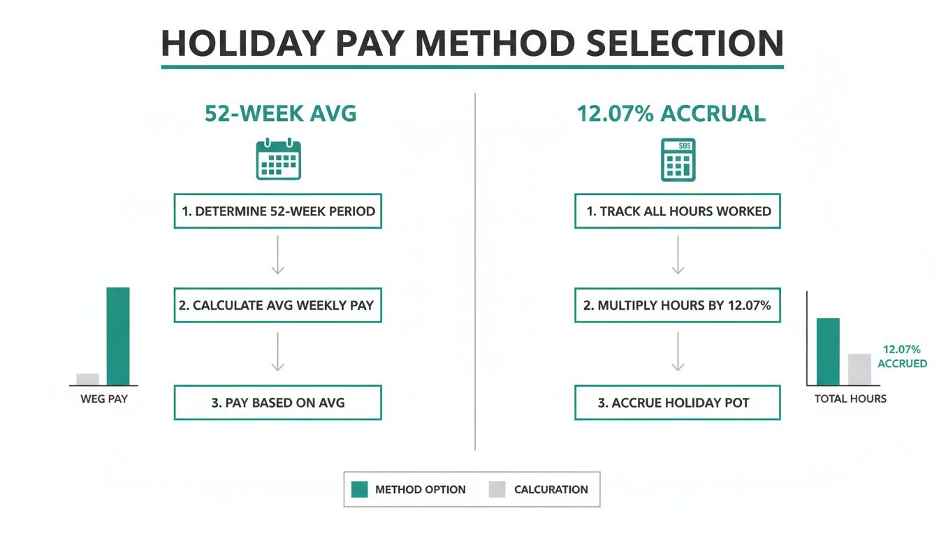 Flowchart illustrating two holiday pay calculation methods: 52-week average and 12.07% accrual.