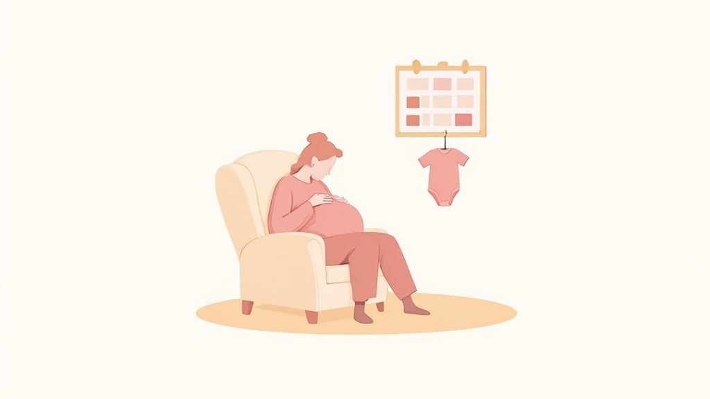 A pregnant woman sits in a cozy chair, gently holding her belly, with a calendar and baby onesie nearby.