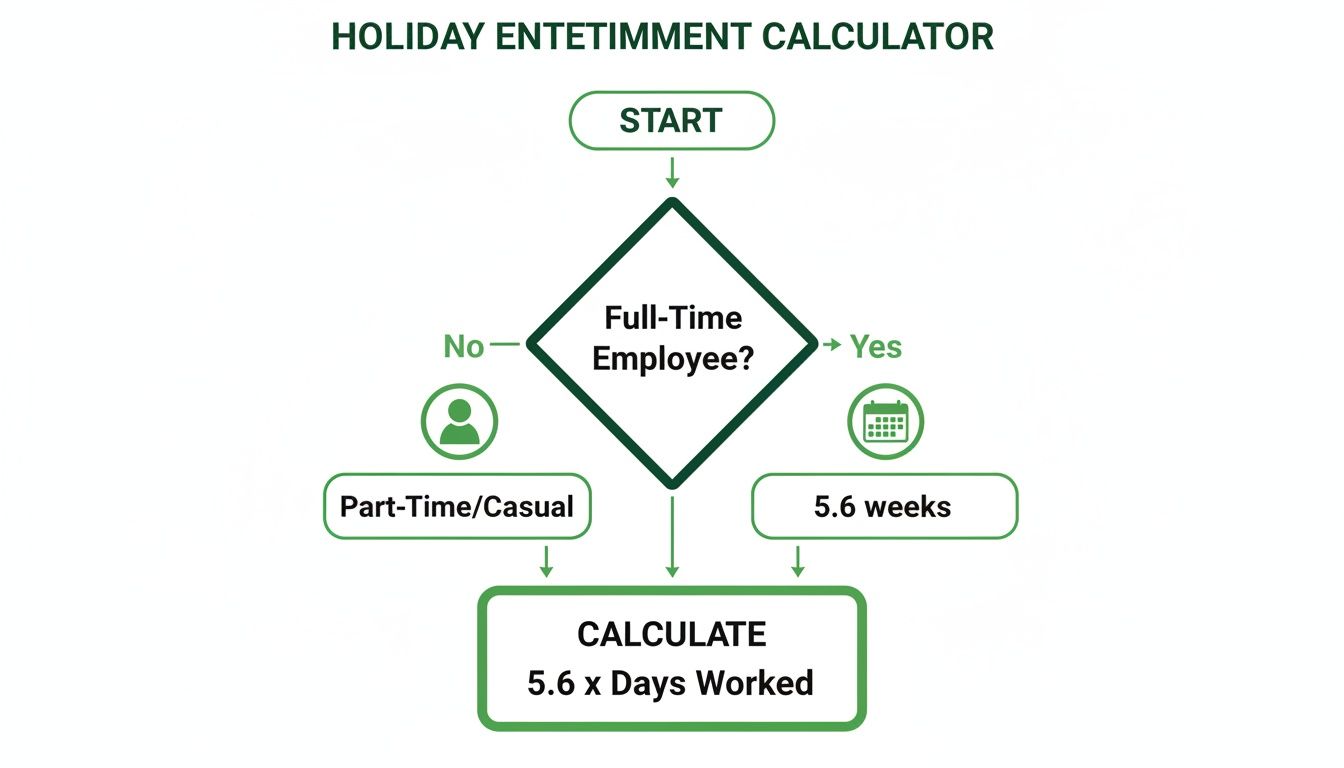 A flowchart outlining steps to calculate holiday entitlement based on employee type, leading to a calculation.