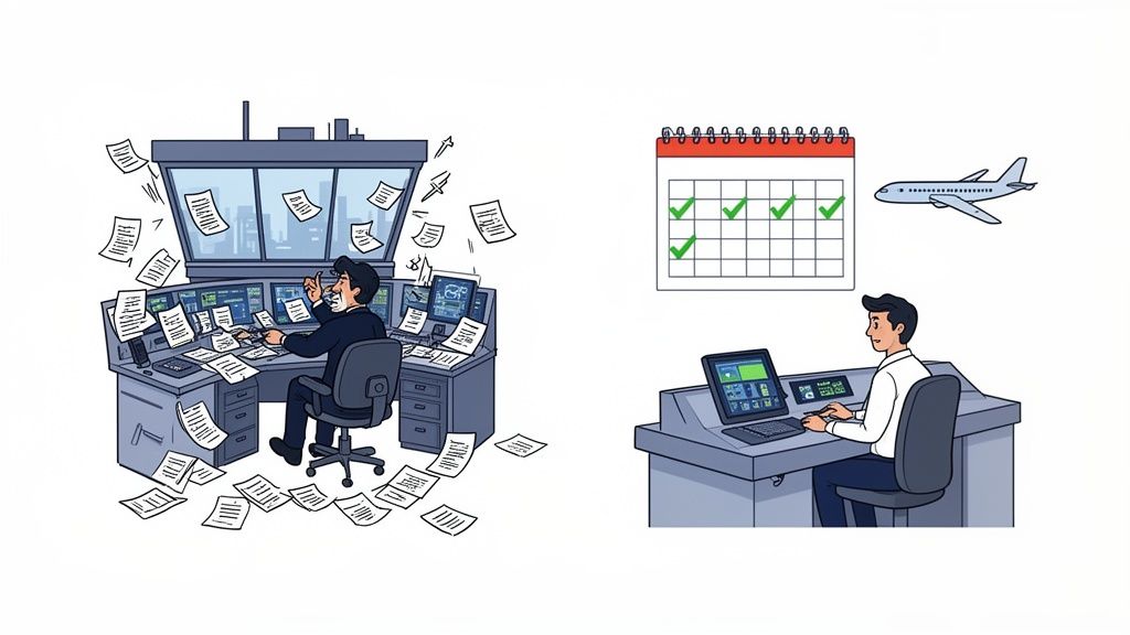 Contrast of overwhelmed worker with papers vs. calm worker efficiently managing travel schedules.