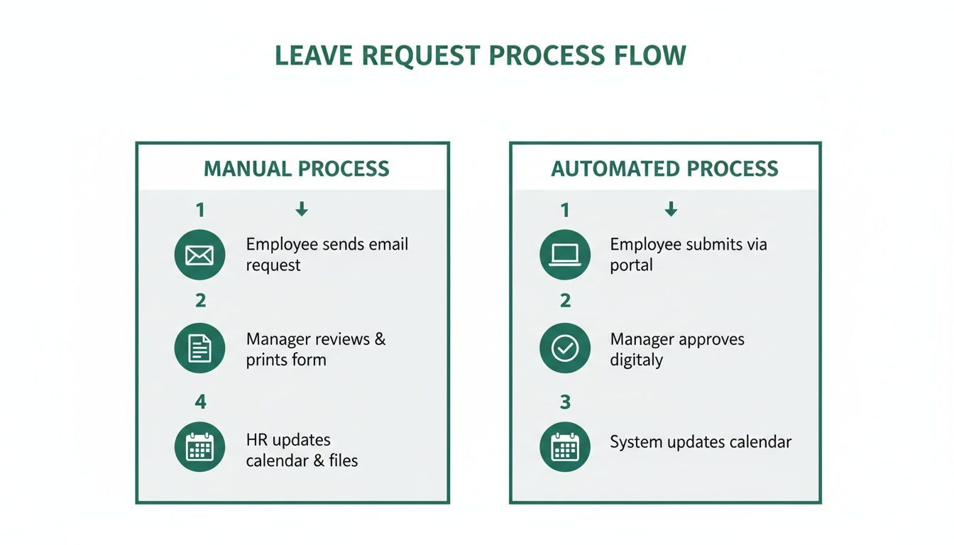 Flowchart comparing manual and automated employee leave request processes for efficiency.