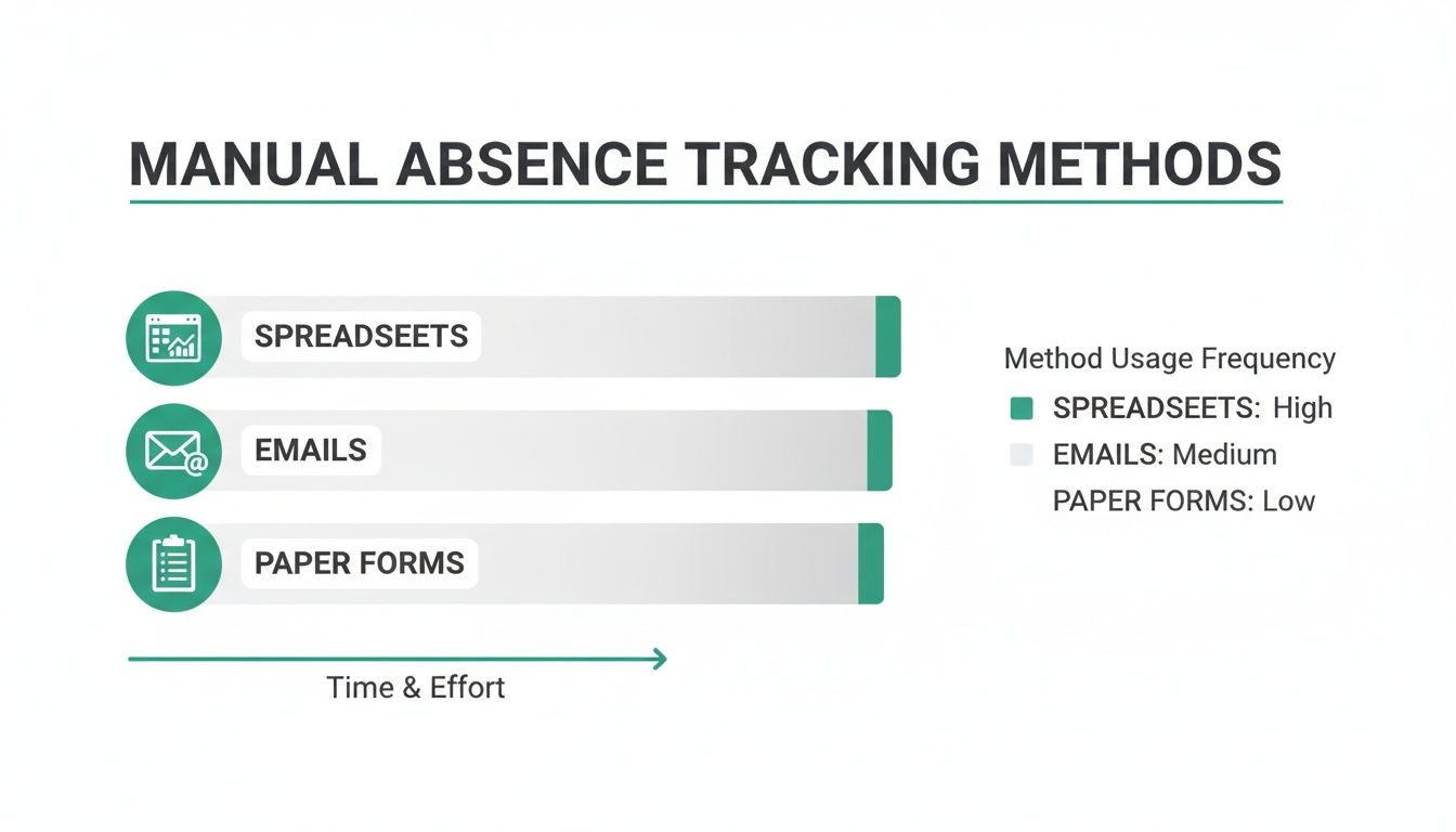 Infographic on manual absence tracking methods, showing spreadsheets, emails, and paper forms with usage levels.