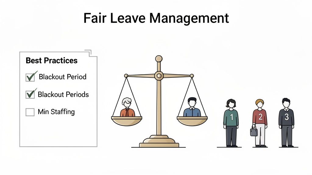 Illustration depicting fair leave management with best practices, a balance scale, and diverse employees.