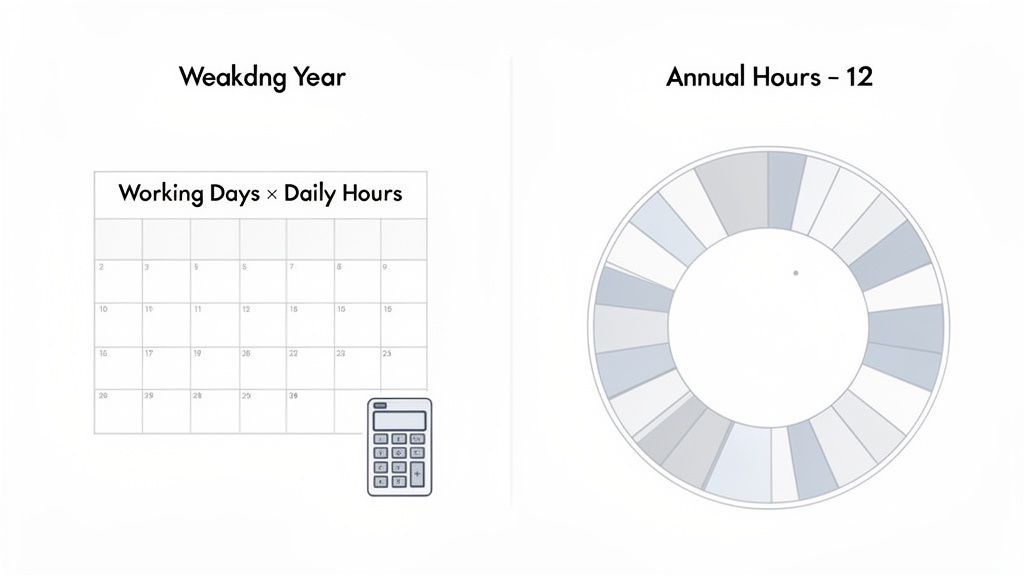 Diagram illustrating working year calculations with a calendar, calculator, and annual hours chart.