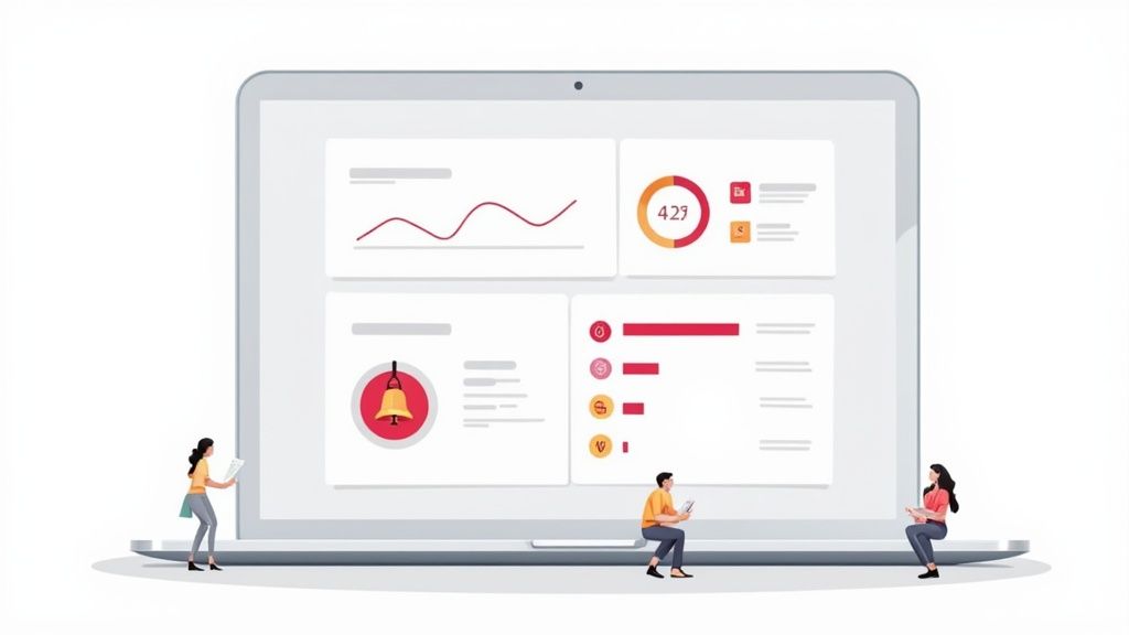 Illustrative image of people analyzing a digital dashboard on a large laptop, showing various data visuals.