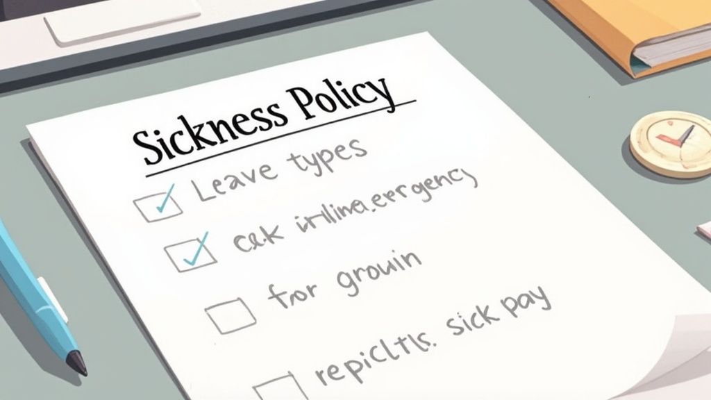 A document titled 'Sickness Policy' with a checklist about leave types and sick pay on a desk.