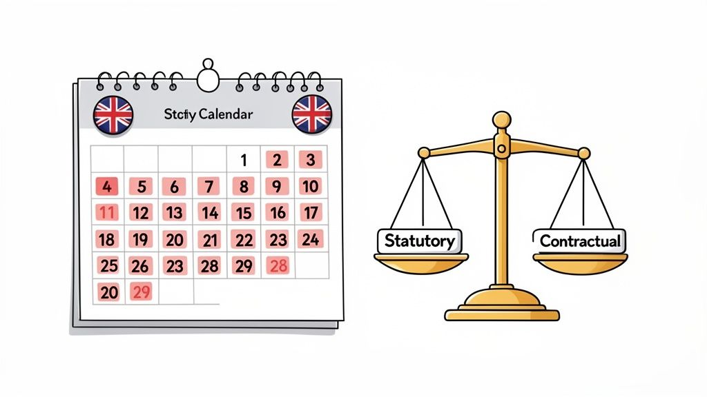 A UK calendar showing dates with some highlighted, next to a balance scale for statutory and contractual terms.