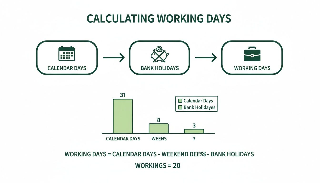 A flowchart and bar chart illustrating the calculation of working days from calendar days, weekends, and bank holidays.