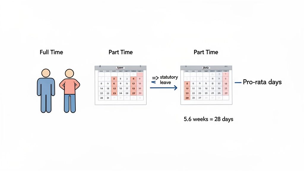 Diagram illustrating full-time and part-time statutory leave calculations, showing pro-rata days and 5.6 weeks equating to 28 days.