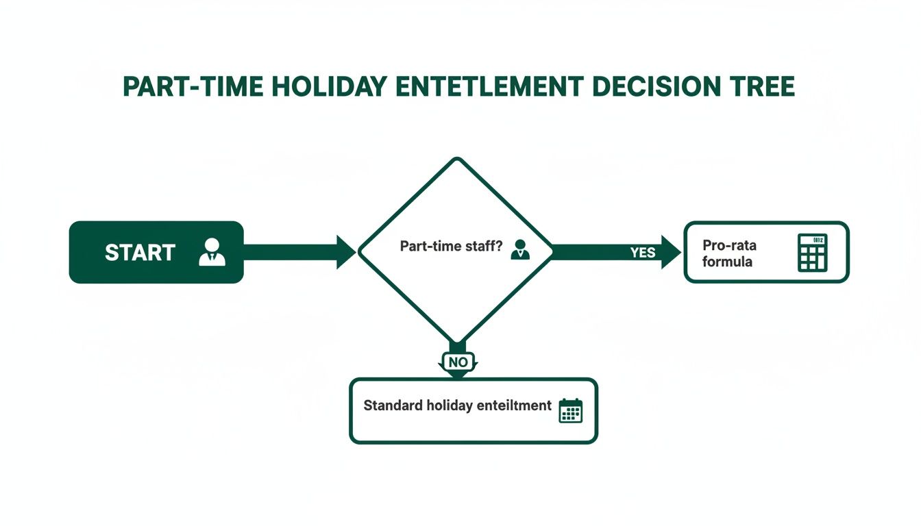 Flowchart illustrating part-time holiday entitlement decision process, including pro-rata formula and standard entitlement.