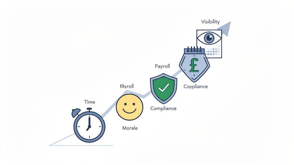 An ascending graph illustrating stages: Time, Morale, Compliance, Payroll, and Visibility, representing business growth.